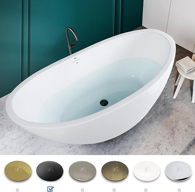 FerdY Naha 67" Freestanding Bathtub, Curve Edge Soaking Bathtub with Matte Black Drain and Minimalist Linear Design Overflow, Easy to Install 588