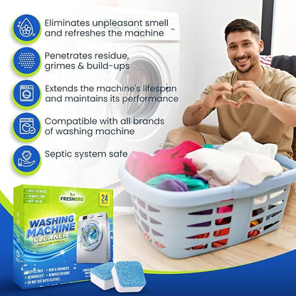 Washing Machine Cleaner Tablets – 24-Pack Deep Cleaning for Front Loader, Top Load & HE Washers – Helps Remove Odor-Causing Residues, Pet Hair & Hard Water Buildup – Septic Safe