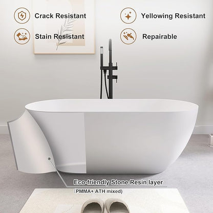 SJ STAR&JANE 51" Solid Surface Freestanding Bathtub, Matte White Oval Soaking Stone Resin Tub with Overflow and Pop-up Drain for Modern Bathrooms