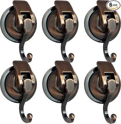 Heavy Duty Vacuum Suction Shower Hooks - Glass Suction Cup Hooks, for Bathroom Robe or Garland Decoration (Antique Brass, 6 Pack)