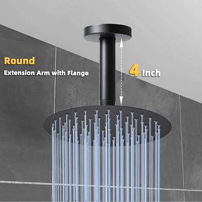 4 Inch Shower Arm with Flange, Ceiling Mounted Shower Head Extension Arm, 1/2 NPT Straight Arm for Rain Shower Head, Stainless Steel Shower Head Extension Replacement Pipe Arm, Black