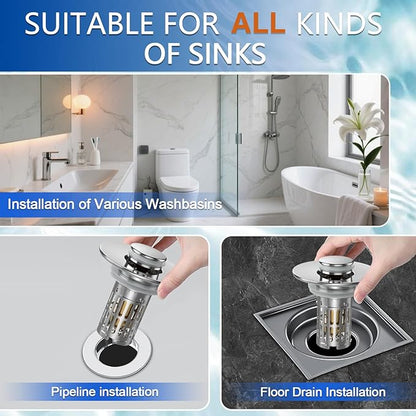 Bathroom Sink Drain Strainer, Pop Up Sink Drain Filter with Removable Stainless Steel Filter Basket Hair Catcher, Sink Drain Strainer, for Us Bathroom Sink Stopper Replacement