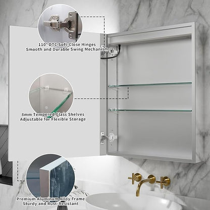 GroGro Lighted Medicine Cabinet with Mirror and Storage,24" W x 30" H LED Bathroom Medicine Cabinet with Mirror,Surface or Recessed Mounting,Defog,Dimming,3-Color Temperature,Left Opening Door