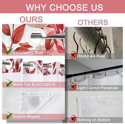 No Hook Shower Curtain and Liner Set, Red Eucalyptus Floral Shower Curtains for Bathroom, Bath Curtain Sets with Snap in Liner, Waterproof with See Through Top Window, 71x74 Inches
