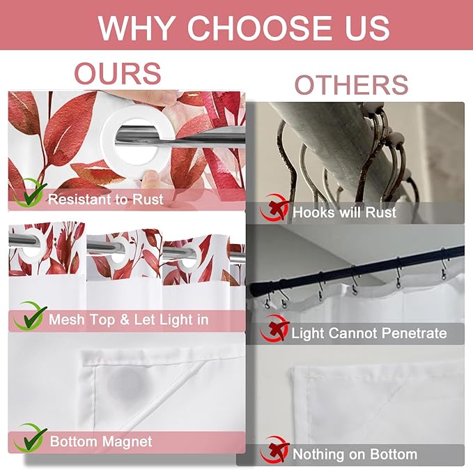 No Hook Shower Curtain and Liner Set, Red Eucalyptus Floral Shower Curtains for Bathroom, Bath Curtain Sets with Snap in Liner, Waterproof with See Through Top Window, 71x84 Inches
