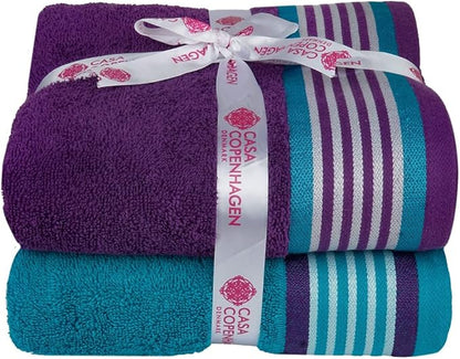 CASA COPENHAGEN Designed in Denmark 550 GSM 2 Large Bath Towels 2 Large Hand Towels 2 Washcloths, Super Soft Egyptian Cotton 6 Towels Set for Bathroom, Kitchen & Shower - Violet Indigo & Teal Green