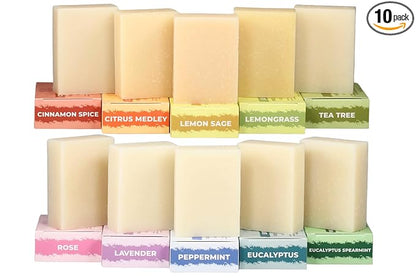 Adams Handmade Soap Variety Pack – 10 Bar Set: Tea Tree, Peppermint, Rose, Lavender, Citrus, Herbal & Floral Scents | Vegan, Cold Process, 84% Organic, Fair Trade, USA Made