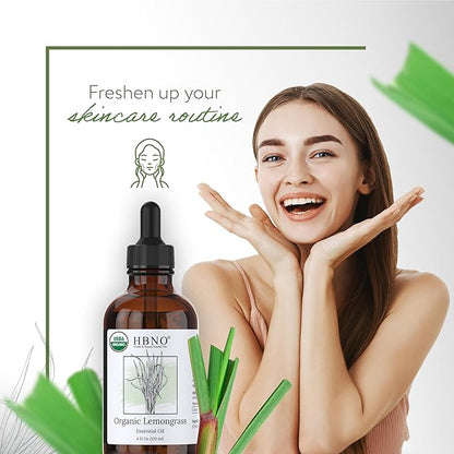 HBNO Organic Lemongrass Essential Oil - Huge 4 oz (120ml) Value Size - USDA Certified Organic Lemongrass Essential Oil, Perfect for Aromatherapy, Soap Making, DIY, Diffuser