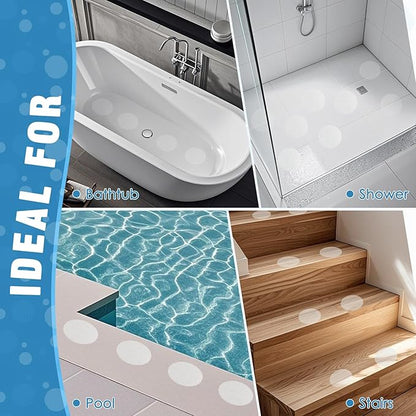 S&X 24 Pcs Non Slip Bathtub Stickers (Large 4" Round), Invisible Clear High Traction Grit Dots, Anti Slip Safety Treads for Tub, Shower Floor with Scraper