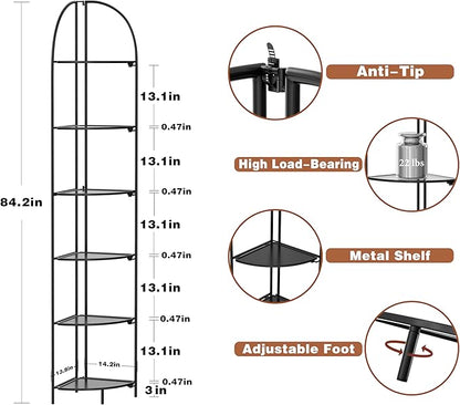 Crofy Foldable 6 Tier Corner Shelf, Metal Corner Plant Stand with Black Frame and Black Shelves, Corner Display Rack Multipurpose Shelving Unit for Living Room, Bedroom, Bathroom