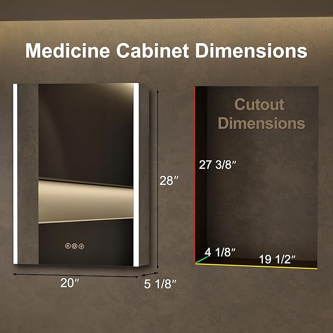 Medicine Cabinet with LED Lights and Mirror, 20 x 28 Inch Surface or Recessed Mounted Bathroom Cabinet with Door, Defogger, Memory Function, 3-Color Mode, Outlet&USB, Dimmer, Storage Shelf