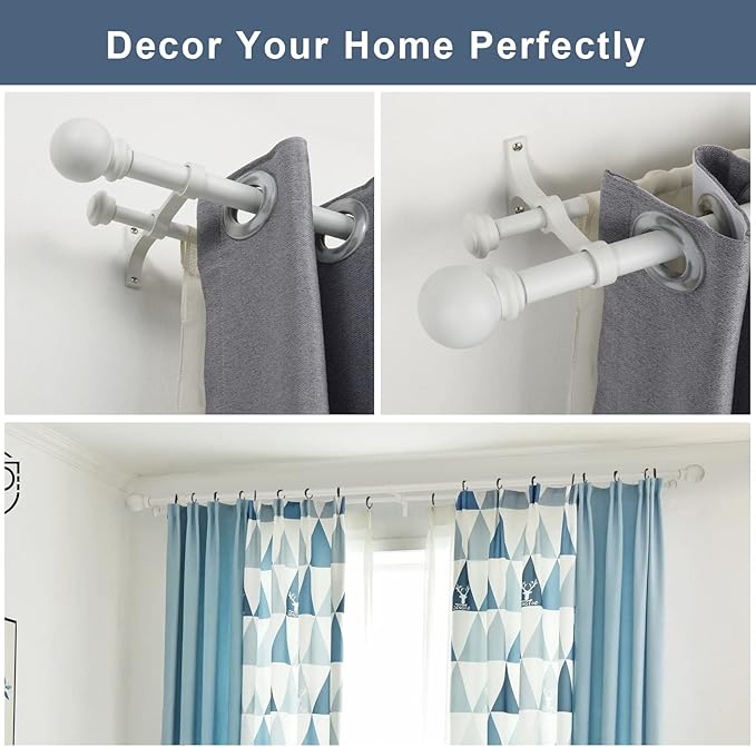 Double Curtain Rod 28 to 48 inch, Adjustable 1 inch Double Drapery Rod Rods for Windows and Doors with Ball Round Finials and Premium Aluminum Brackets Set(28-48",Matte White)