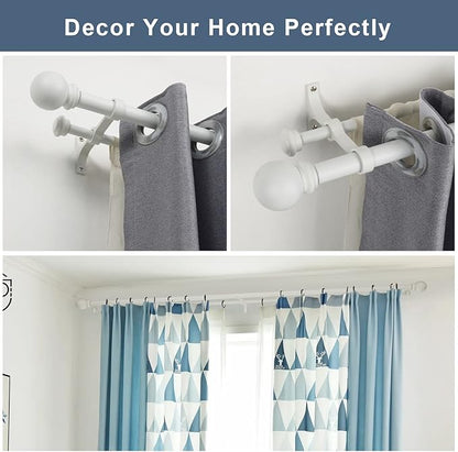 Double Curtain Rod 28 to 48 inch, Adjustable 1 inch Double Drapery Rod Rods for Windows and Doors with Ball Round Finials and Premium Aluminum Brackets Set(28-48",Matte White)
