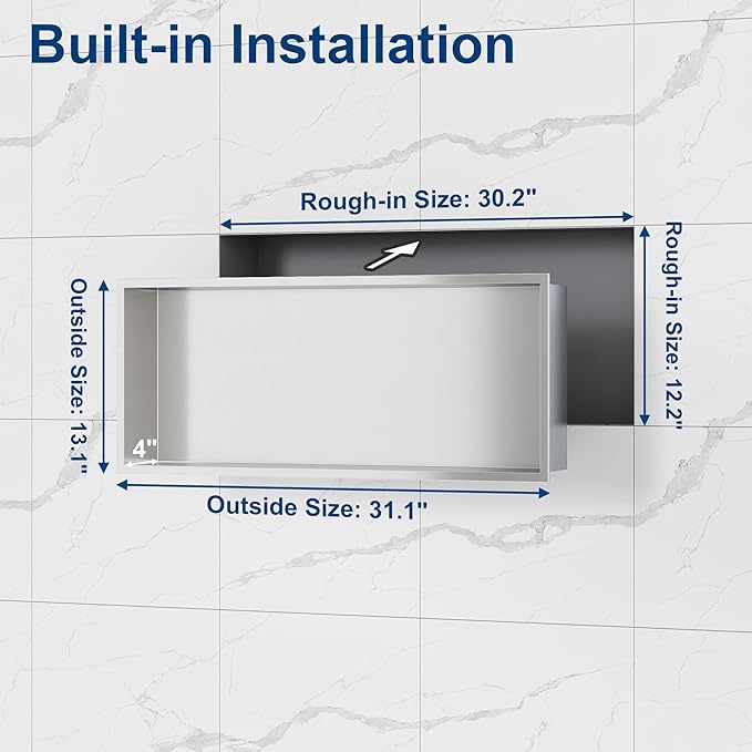 Neodrain 30X12Inch Recessed Brushed Shower Niche, Stainless Steel Bathroom Wall Niche NO Tile Needed Shower Cabinet Cubby for Bathroom Storage Built-in Wall