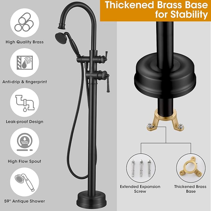B2311-BK Freestanding Roman Tub Faucet with Antique Handheld, Swivel Gooseneck Spout Shower Mixer Taps - Matte Black High Flow Tub Filler