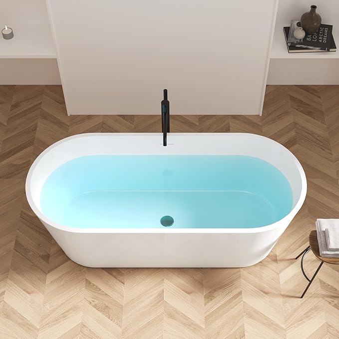 FerdY 67" Shangri-La Elite, Acrylic Freestanding Bathtub, Glossy White, Modern & Contemporary Design Soaking Tub with Brushed Nickel Pop-Up Drain and Minimalist Design Overflow, cUPC Certified