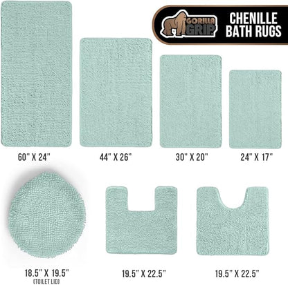 GORILLA GRIP Plush Absorbent Shaggy Chenille Bath Rug Mat for Oval Toilet Base with Rubber Backing, Machine Washable Rugs, Soft Microfiber Contour Mats for Toilets, Bathroom Decor, Seablue