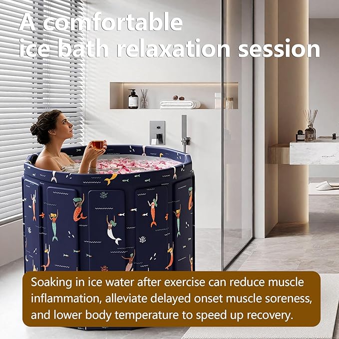 Portable Bath Tub for Adult, Foldable Soaking Bathtub for Hot SPA&Ice Bath, Foldable Small Bathtub Collapsible Tub for Bathing, Quick Setup No Installation (25.9X31.5 IN, Blue Fish)