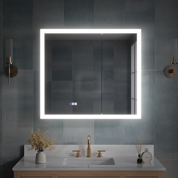 WELLFOR 36 x 32 Inch LED Medicine Cabinet with Lights, 3X Magnification Makeup Mirror, Bathroom Vanity Mirror Cabinet with Storage, Anti Fog, Surface or Recess Mount, Double Opening Door