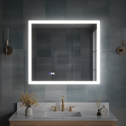 WELLFOR 36 x 32 Inch LED Medicine Cabinet with Lights, 3X Magnification Makeup Mirror, Bathroom Vanity Mirror Cabinet with Storage, Anti Fog, Surface or Recess Mount, Double Opening Door