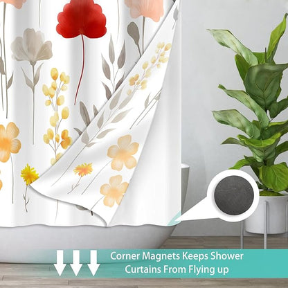 No Hook Shower Curtain Set with Snap in Fabric Liner for Bathroom,with See Through Top Window,Double Shower Curtain with Detachable Liner Replacement,Machine Washable,White Floral,71"x 74"