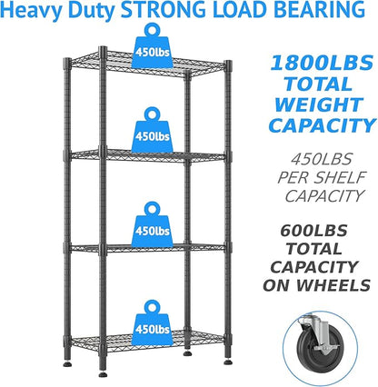 Homdox Heavy Duty Storage Shelves, 4 Tier Wire Shelving Unit with Wheels, Commercial Adjustable Metal Shelves for Storage, Garage Rack Pantry Shelves Kitchen Shelving, 14"x30"x72", Black