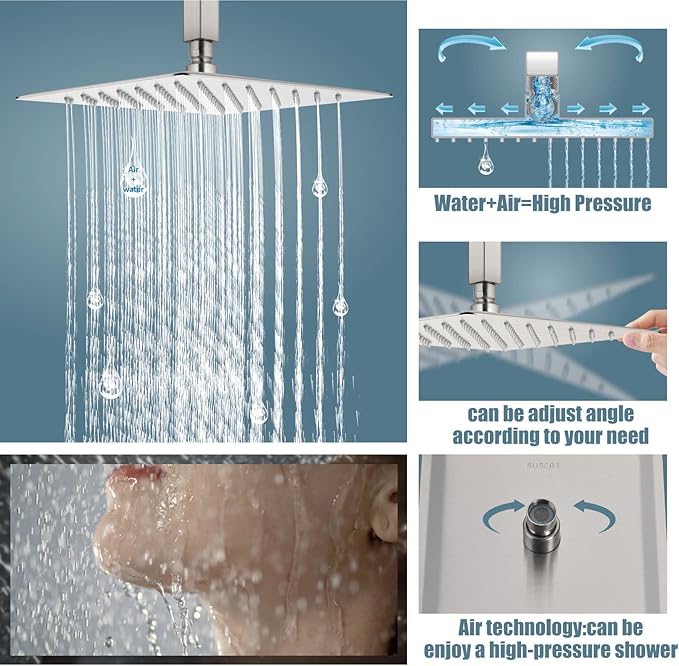Aolemi Ceiling Mount Shower System Rain Shower Head with Handheld Spray High Pressure Shower Faucet Set Rough-in Valve Shower Trim Kit Included Bathroom Brushed Nickel 12 Inch Ceiling Shower Head