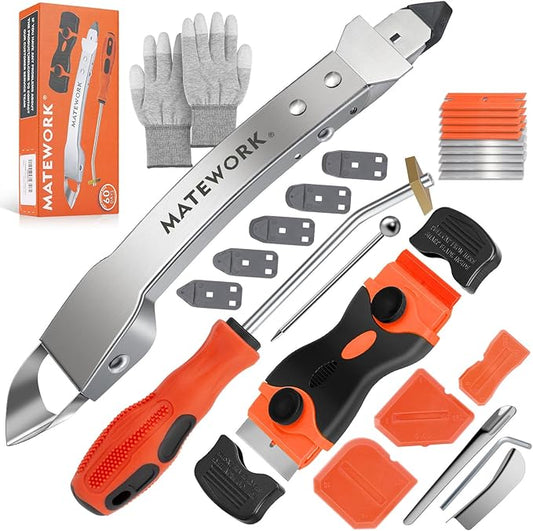 Caulking Tool Kit, Matework Stainless Steel Caulk Remover Caulking Tool Set with Cut Resistant Gloves, Scraper, Silicone Caulking Tools, 4 in 1 Caulking Finishing Tool for Bathroom Kitchen Living Room