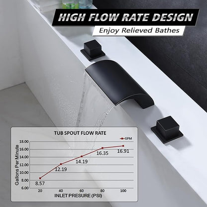 Deck Mount Roman Tub Faucet Matte Black Waterfall Bathtub Faucet Extra High Flow, SUMERAIN