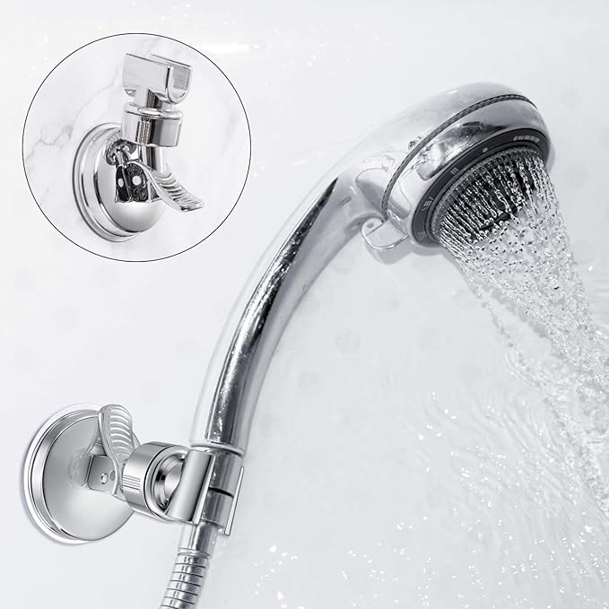 Zhehao Adjustable Shower Head Holder, Removable Suction Cup Shower Head Holder, No Drill Wall Mounted Suction Bracket with Chrome Polished for Marble Glass Metal Ceramic(2,Silver Wrench)