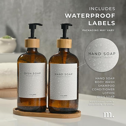 Maisonovo Glass Soap Dispenser Bathroom Set | Hand Soap and Dish Soap Dispenser Set | 16.9oz Amber Bottles with Black Bamboo Pump | Bathroom Lotion Dispenser with Pump Set of 2