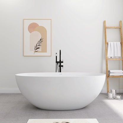 SJ STAR&JANE 61" Solid Surface Freestanding Bathtub, Oval Soaking Tub with Overflow and Pop-up Drain for Bathroom
