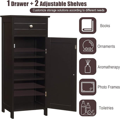 DORTALA Bathroom Floor Cabinet, Free-Standing Wooden Floor Storage Cabinet w/Large Drawer & 2 Adjustable Shelves, Morden Side Storage Bathroom Organizer Cabinet for Living Room, Brown
