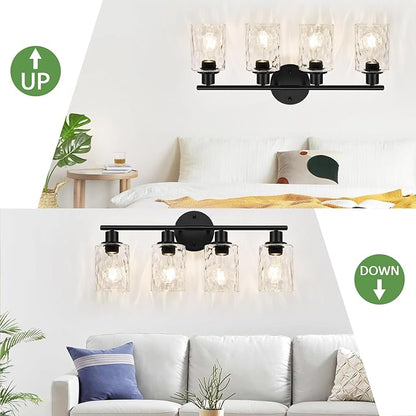 4-Light Bathroom Light Fixtures, Matte Black Vanity Lights with Water Ripple Clear Glass Shade, Bathroom Wall Lamp for Mirror, Kitchen, Living Room, Hallway, Cabinet, Porch