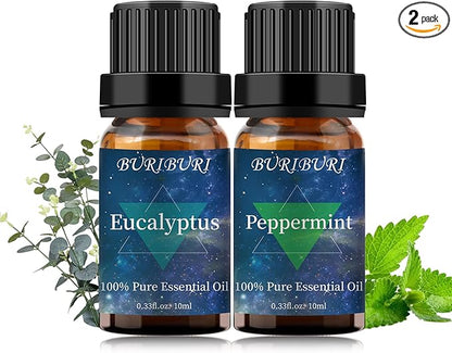 BURIBURI Eucalyptus Oil and Peppermint Essential Oil, 100% Pure, Undiluted, Natural, Organic Aromatherapy Eucalyptus Essential Oils Gift Set, 10MLx2