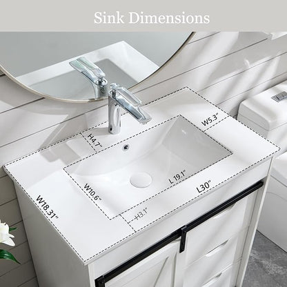 30" Farmhouse Bathroom Vanity with Sink, Freestanding Bathroom Storage Vanity Cabinet w/Sliding Barn Door, 3 Drawers & Adjustable Shelves, Metal Handle, White
