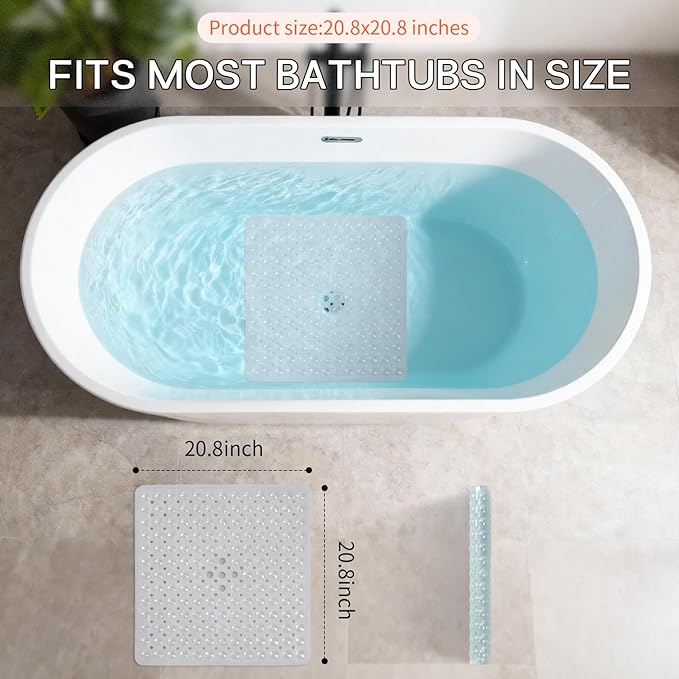 Anti-Slip Bathtub Shower mat, 20.8×20.8（Approximately 53×53cm） inch Soft Oversized Machine Washable Non-Slip Bathtub mat with Drainage Holes, Bathroom Floor Suction Cup.（1-Clear White）