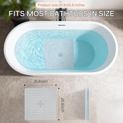 Anti-Slip Bathtub Shower mat, 20.8×20.8（Approximately 53×53cm） inch Soft Oversized Machine Washable Non-Slip Bathtub mat with Drainage Holes, Bathroom Floor Suction Cup.（1-Clear White）