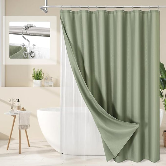 MitoVilla 3 in 1 Shower Curtain Set, Sage Green Boho Farmhouse Linen Textured Bath Curtain and Clear PEVA Liner Set with 12 Double Sided Steel Hooks, Waterproof Fabric Hotel Bathroom Curtain - 72x72