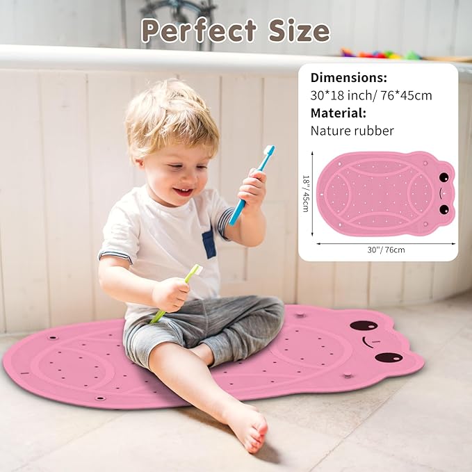 Bathtub Mat Non Slip, Shower Mat for Kids with Natural Rubber no Plastic Smells, Baby Bath Mat for Tub Non Slip with Strong Suction Cups, 30"x18", PVC-Free, Safe Comfortable Fun for Kids, Pink