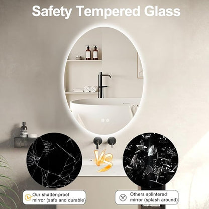 32 X 24 Inch Oval Backlit LED Bathroom Mirror Anti-Fog 3 Colors Light Dimmable Wall Mounted Lighted Bathroom Vanity Mirror Smart Makeup Mirror with Touch Switch
