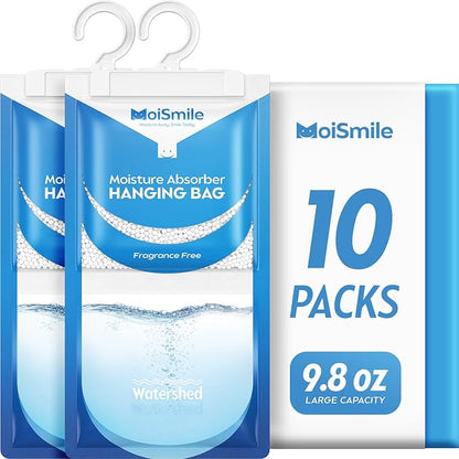 Moisture Absorbers 10 Pack Fragrance Free, Hanging Closet Dehumidifier Bags, Humidity Absorber, Compact Eliminates Odors Humidity Packs for Car, Bathroom, Bedroom, Basement, 9.8OZ