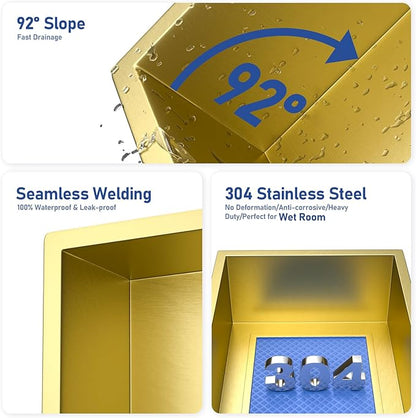 Stainless Steel Shower Niche 24" X 12" Gold No Tile Needed Horizontal Niche Shower Recessed Wall Niches for Bathroom Storage Over Mount Installation
