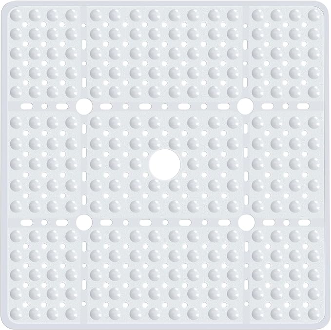 Large White Square Shower Mat Non Slip 27 x 27 Inch, Soft Bath Mat Bathtub Mat for Inside Shower Floor, Bathroom Shower Stall Mats with Big Suction Cups Drain Holes, Easy Washable, BPA-Free