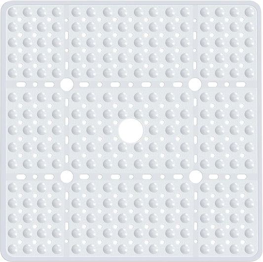 Large White Square Shower Mat Non Slip 27 x 27 Inch, Soft Bath Mat Bathtub Mat for Inside Shower Floor, Bathroom Shower Stall Mats with Big Suction Cups Drain Holes, Easy Washable, BPA-Free