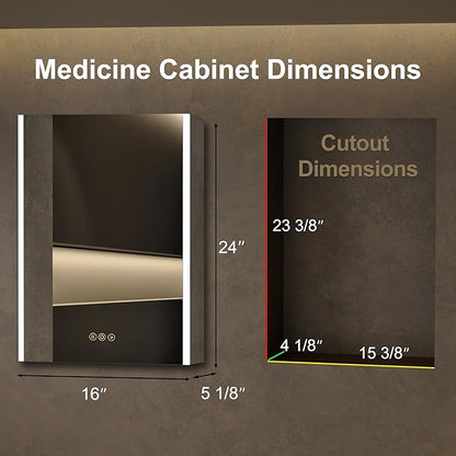 Medicine Cabinet with LED Lights and Mirror, 16 x 24 Inch Surface or Recessed Mounted Bathroom Cabinet with Door, Defogger, Memory Function, 3-Color Mode, Outlet&USB, Dimmer, Storage Shelf