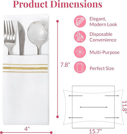 Prestee Disposable Guest Towels for Bathroom - Linen-Like Paper Hand Towels - White with Gold Stripes - 7.8"x4" Folded - 50 Count - Elegant Bathroom Napkins for Events and Parties