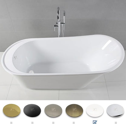 FerdY Langkawi 67" Acrylic Freestanding Bathtub, White Modern Stand Alone Soaking Bathtub, cUPC Certified, Polished White Drain and Minimalist Linear Design Overflow Included, Easy to Install, 02568T