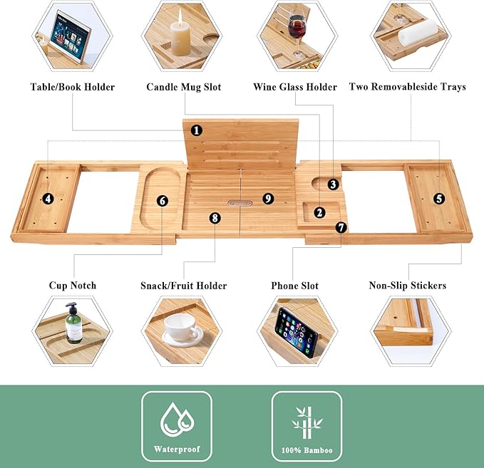 AUTODECO Bathtub Tray, Bamboo Bath Tray for Tub, Expandable Bath Tray with Bamboo Book Stand, Soap Tray, Bathtub & Bathroom Accessories Perfect for Home Spa, Natural Colour