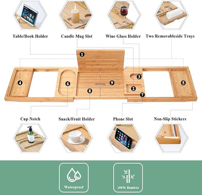 AUTODECO Bathtub Tray, Bamboo Bath Tray for Tub, Expandable Bath Tray with Bamboo Book Stand, Soap Tray, Bathtub & Bathroom Accessories Perfect for Home Spa, Natural Colour
